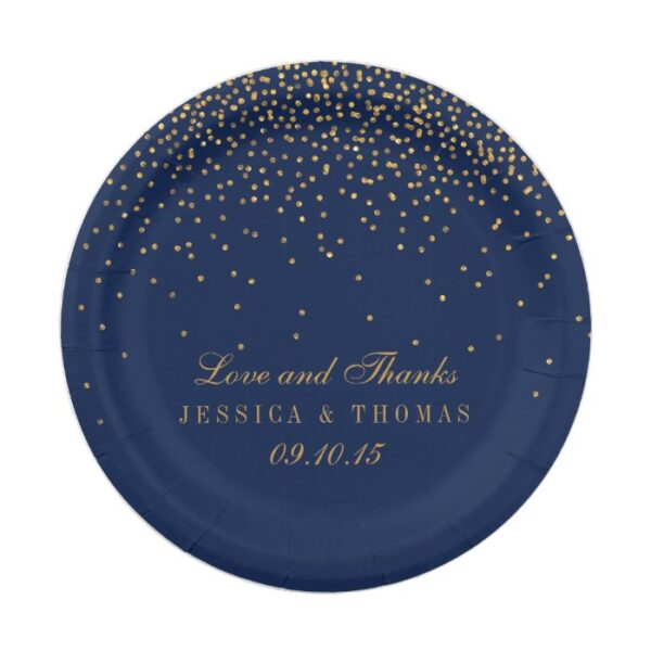Navy Blue & Glam Gold Confetti Wedding Paper Plate