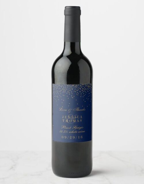 Navy Blue & Glam Gold Confetti Wedding Wine Bottle Wine Label