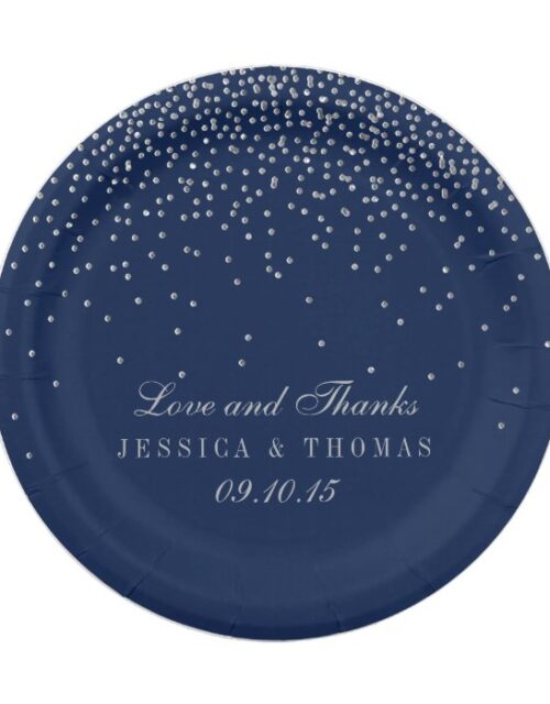 Navy Blue & Glam Silver Confetti Wedding Paper Plate