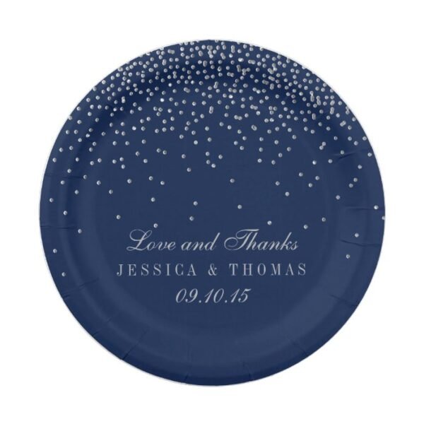 Navy Blue & Glam Silver Confetti Wedding Paper Plate