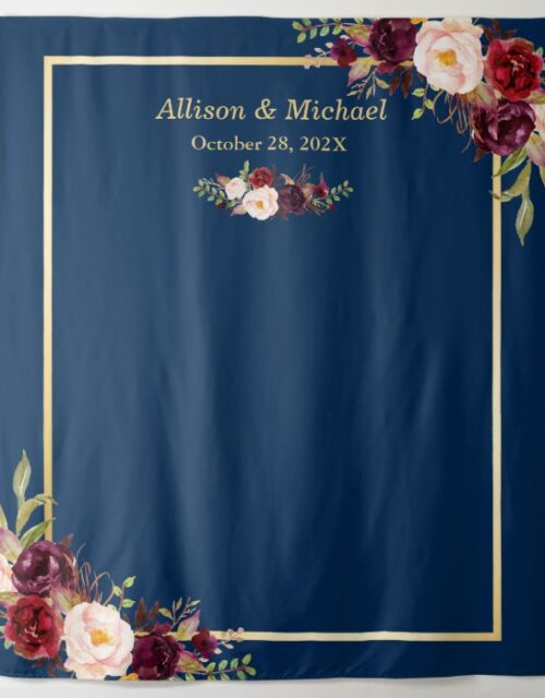 Navy Blue Gold Burgundy Floral Wedding Backdrop