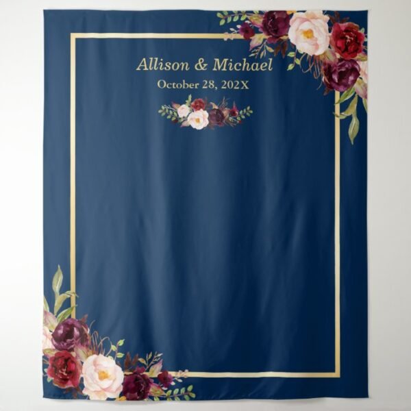 Navy Blue Gold Burgundy Floral Wedding Backdrop