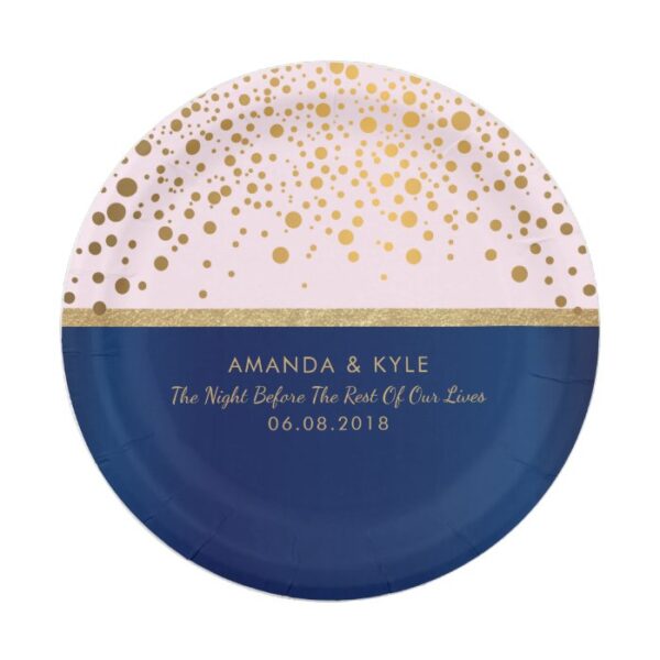 Navy Blue & Gold Confetti Dots & Pale Pink Design Paper Plate
