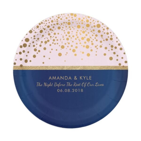 Navy Blue & Gold Confetti Dots & Pale Pink Design Paper Plate