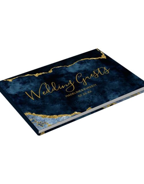 Navy Blue Gold Foil Agate Marble Gilded Wedding Guest Book