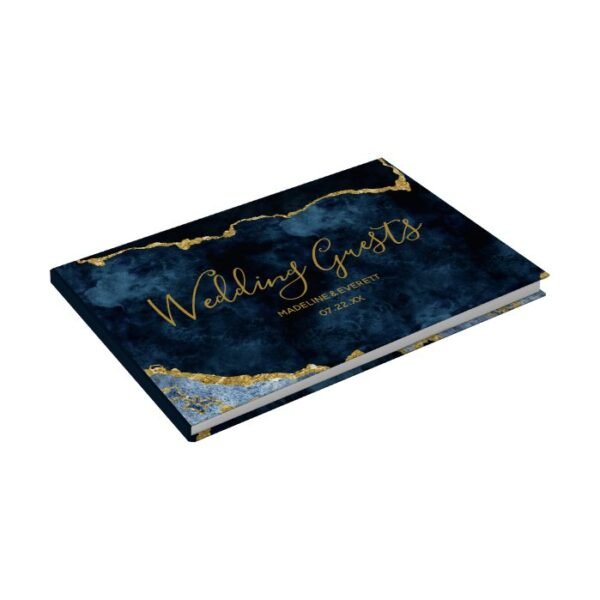 Navy Blue Gold Foil Agate Marble Gilded Wedding Guest Book