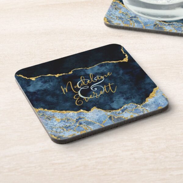 Navy Blue Gold Foil Agate Marble Wedding Monogram Beverage Coaster