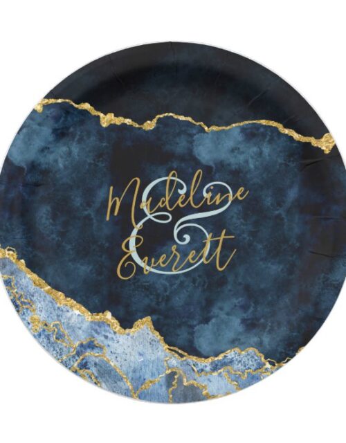 Navy Blue Gold Foil Agate Marble Wedding Monogram Paper Plate