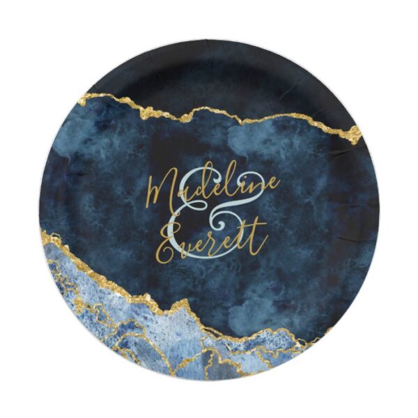 Navy Blue Gold Foil Agate Marble Wedding Monogram Paper Plate