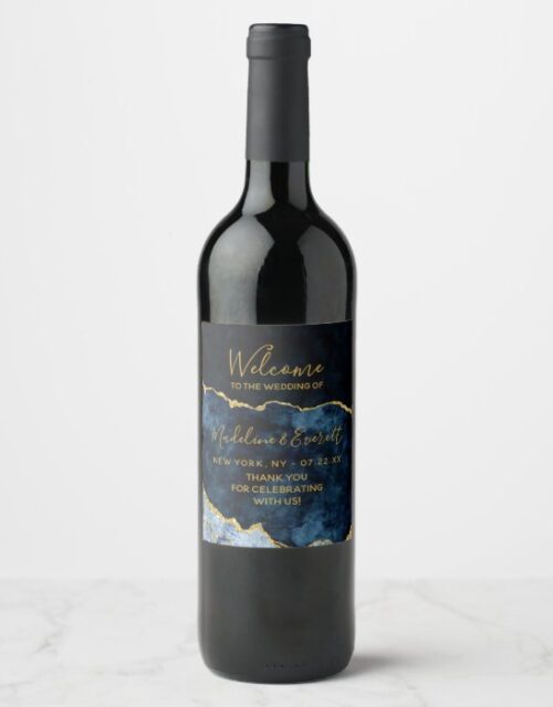 Navy Blue Gold Foil Marble Agate Wedding Welcome Wine Label