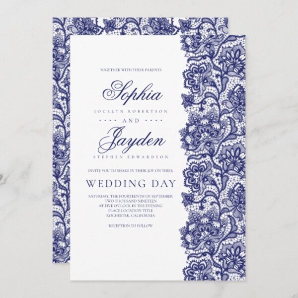 Navy Blue Lace Elegant and Modern Wedding Invitation