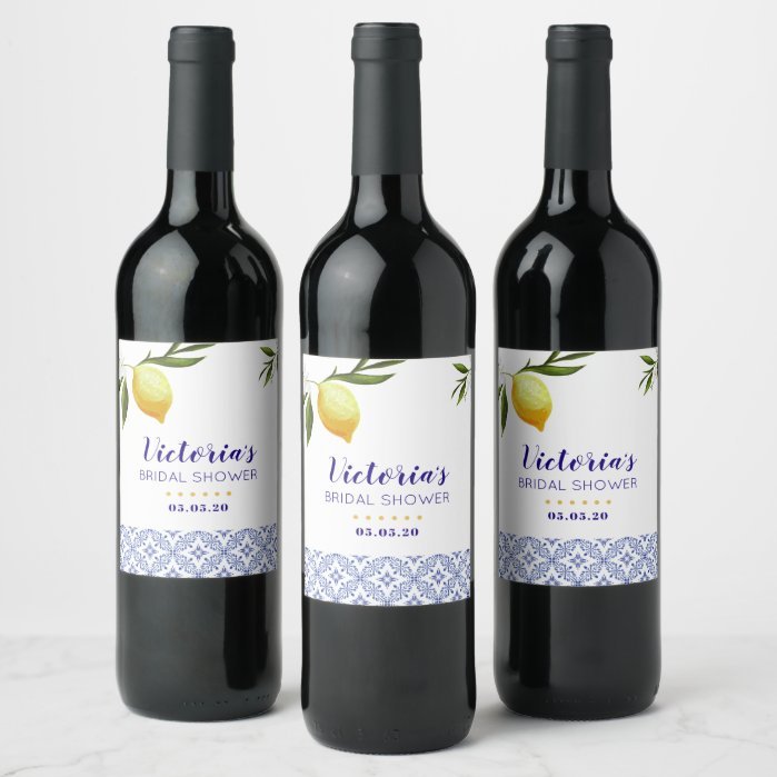 Navy Blue & Lemons bridal shower favor Wine Label