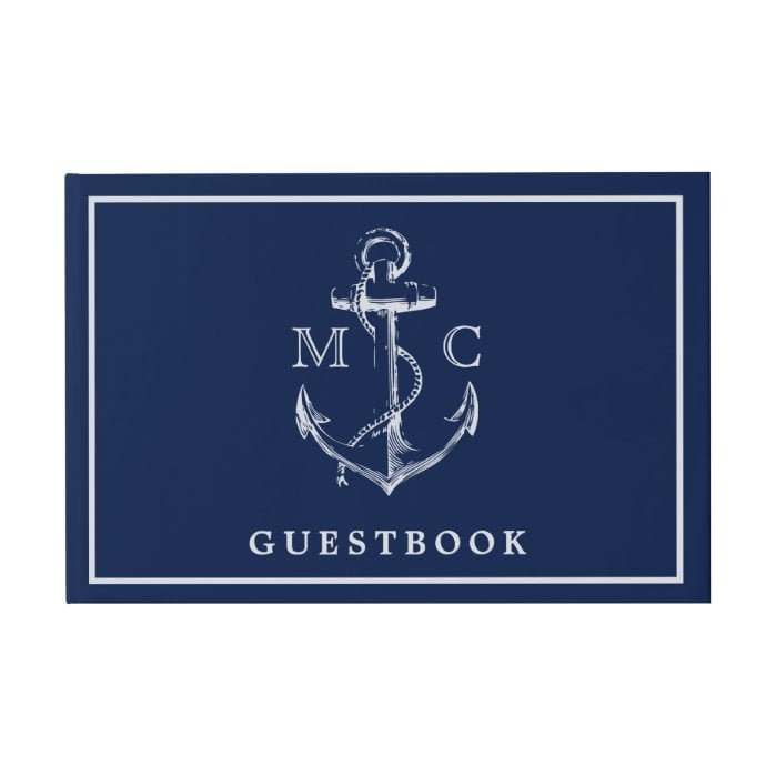 Navy Blue Nautical Anchor Monogram Wedding Guest Book