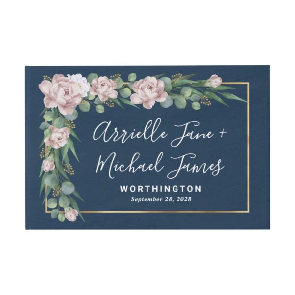 Navy Blue & Pink Dusty Rose Greenery Gold Wedding Guest Book