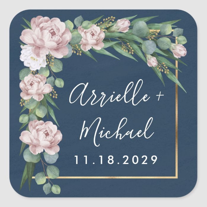 Navy Blue & Pink Dusty Rose Greenery Gold Wedding Square Sticker