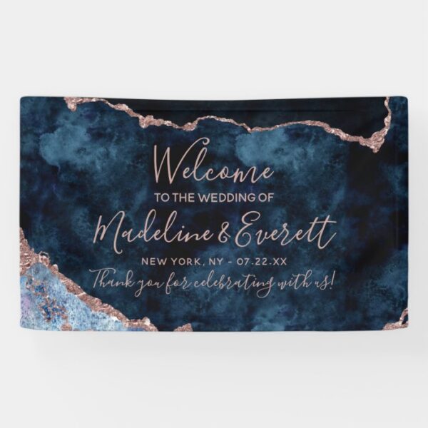 Navy Blue Rose Gold Agate Marble Wedding Welcome Banner