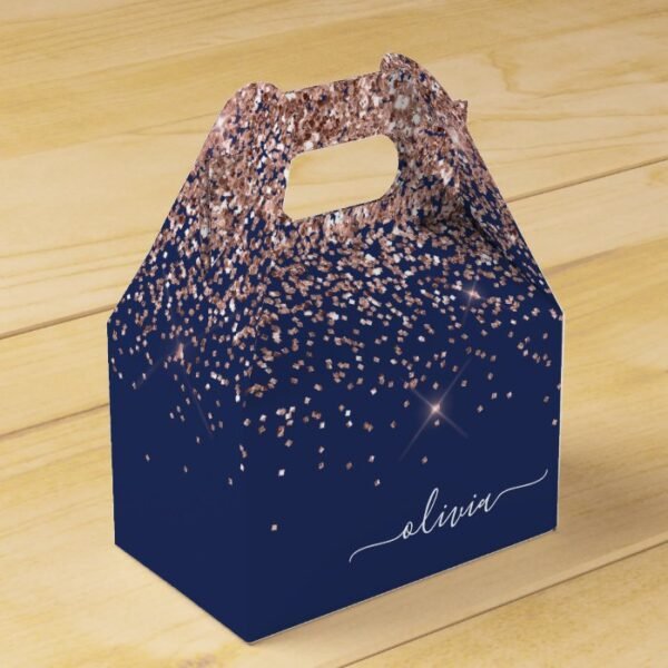 Navy Blue Rose Gold Blush Pink Glitter Monogram Favor Box