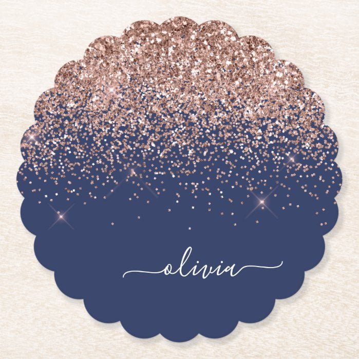 Navy Blue Rose Gold Blush Pink Glitter Monogram Paper Coaster