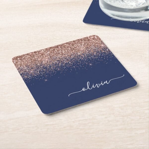 Navy Blue Rose Gold Blush Pink Glitter Monogram Square Paper Coaster