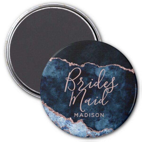 Navy Blue & Rose Gold Foil Agate Marble Bridesmaid Magnet
