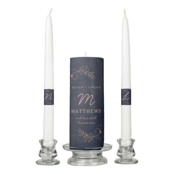 Navy Blue & Rose Gold Foil Chic Wedding Monogram Unity Candle Set