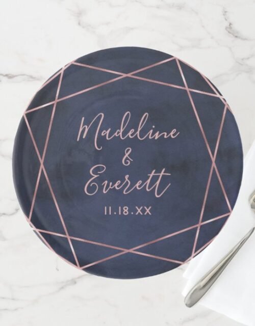 Navy Blue & Rose Gold Geometric Wedding Monogram Cake Stand