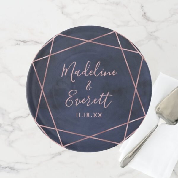 Navy Blue & Rose Gold Geometric Wedding Monogram Cake Stand