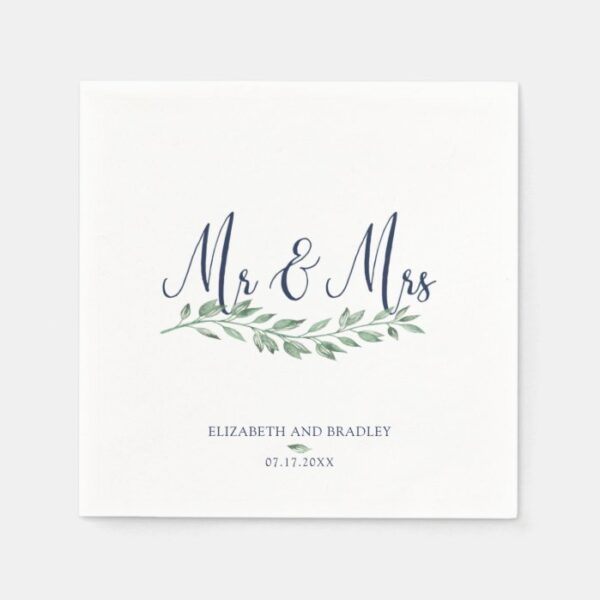 Navy Blue Script Mr and Mrs | Greenery Wedding Napkins