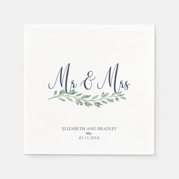 Navy Blue Script Mr and Mrs | Greenery Wedding Napkins