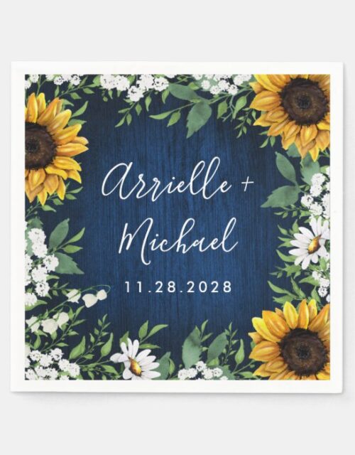 Navy Blue Sunflower Rustic Country Wedding Napkins