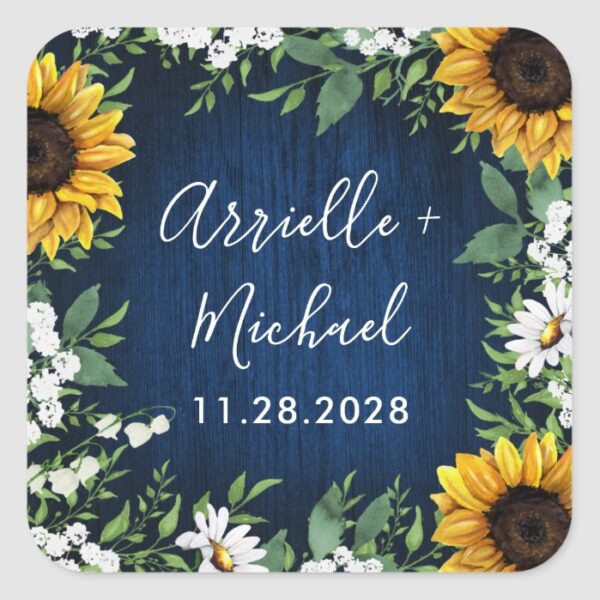 Navy Blue Sunflower Rustic Wedding Favors Stickers