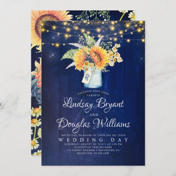 Navy Blue Sunflower Rustic Wedding Invitations