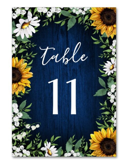 Navy Blue Sunflower Wedding Table Number Cards