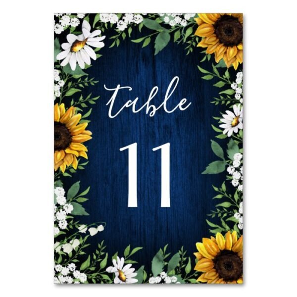 Navy Blue Sunflower Wedding Table Number Cards