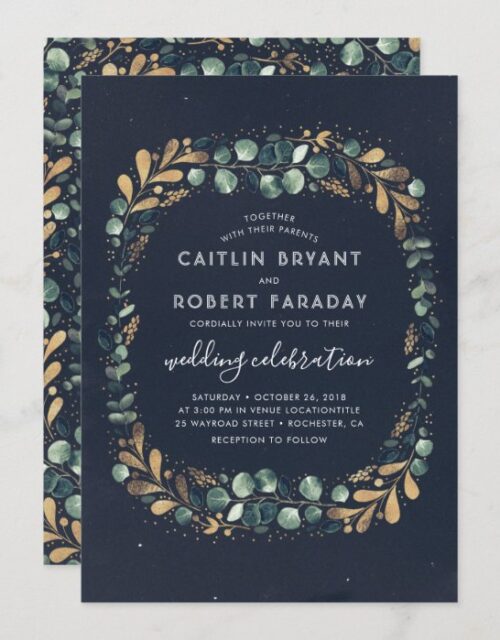Navy Blue Teal Green and Gold | Greenery Wedding Invitation