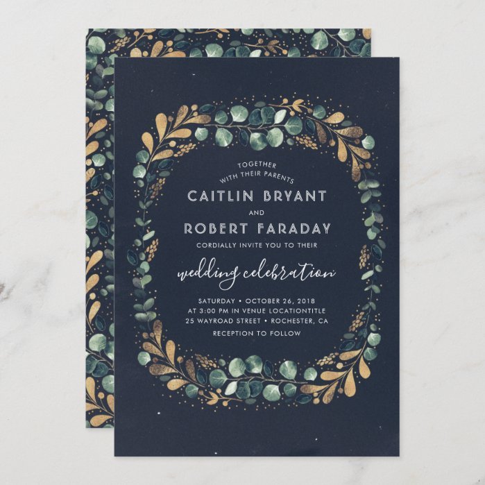 Navy Blue Teal Green and Gold | Greenery Wedding Invitation