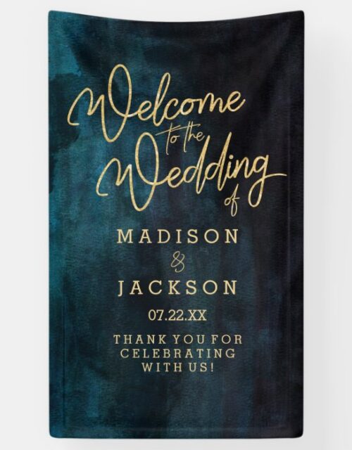 Navy Blue & Teal Watercolor Gold Wedding Welcome Banner