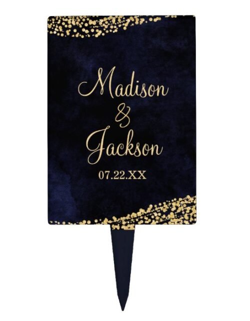 Navy Blue Watercolor & Gold Glam Wedding Monogram Cake Topper