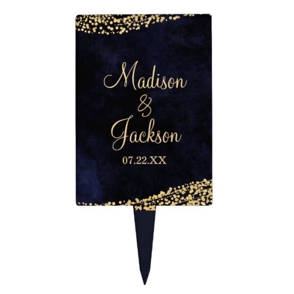 Navy Blue Watercolor & Gold Glam Wedding Monogram Cake Topper