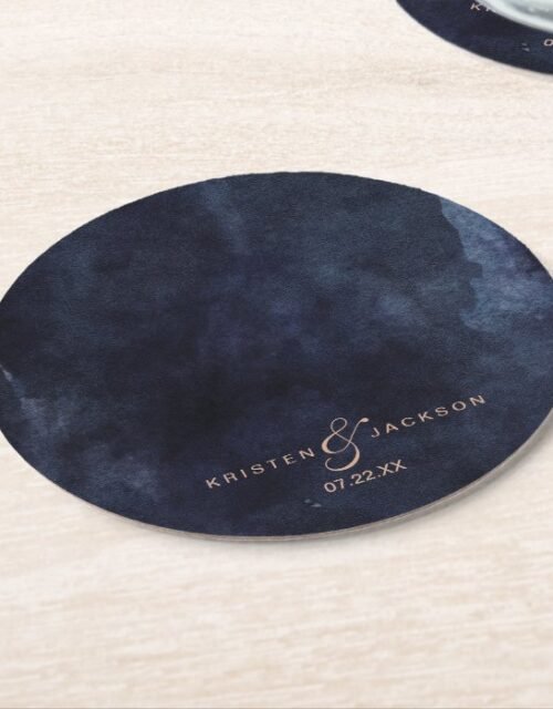 Navy Blue Watercolor & Rose Gold Wedding Monogram Round Paper Coaster