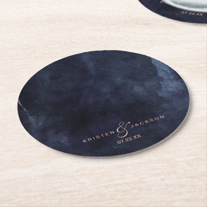 Navy Blue Watercolor & Rose Gold Wedding Monogram Round Paper Coaster