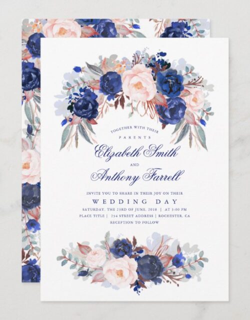 Navy Blue Watercolors - Floral Elegant Wedding Invitation