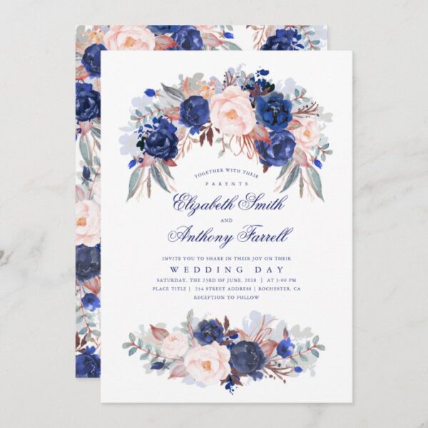 Navy Blue Watercolors - Floral Elegant Wedding Invitation
