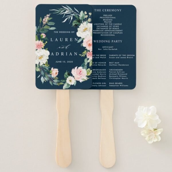 Navy Blush Floral Wreath Wedding Program Hand Fan