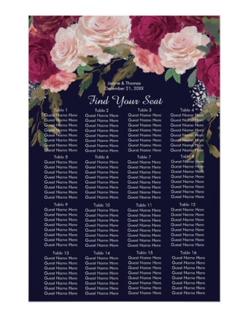 navy burgundy pink wedding seating chart sign