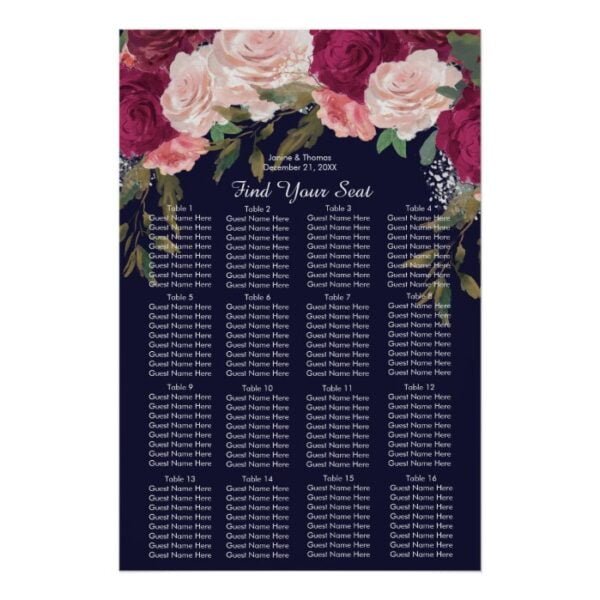 navy burgundy pink wedding seating chart sign