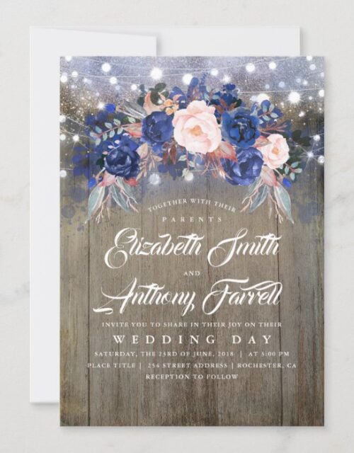 Navy Floral Rustic String Lights Wedding Invitation