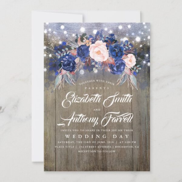 Navy Floral Rustic String Lights Wedding Invitation