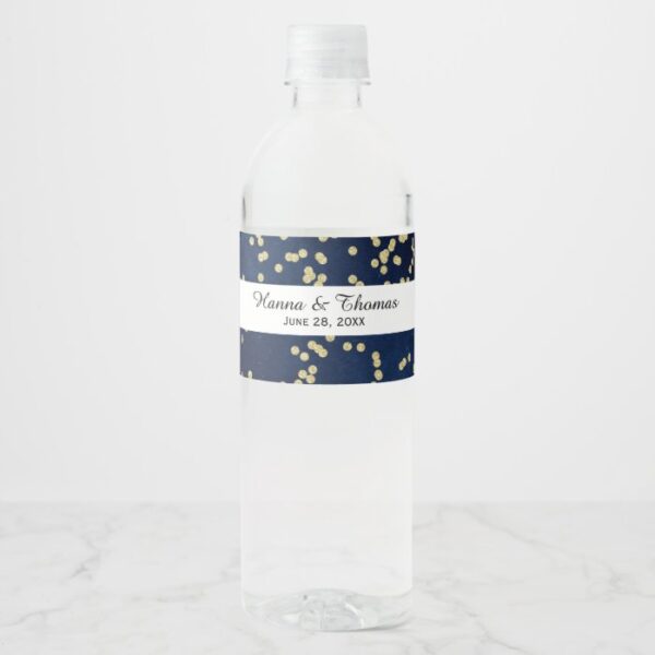 Navy Gold Glitter Dot Wedding Water Bottle Label