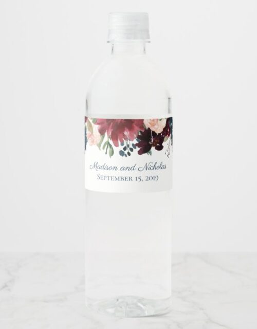 Navy Marsala Flower Wedding Water Bottle Labels